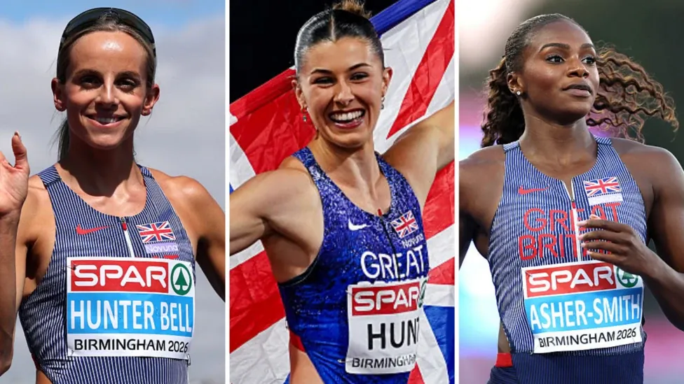 Georgia Hunter Bell (left), Amy Hunt (centre) and Dina Asher-Smith (right) - collated image