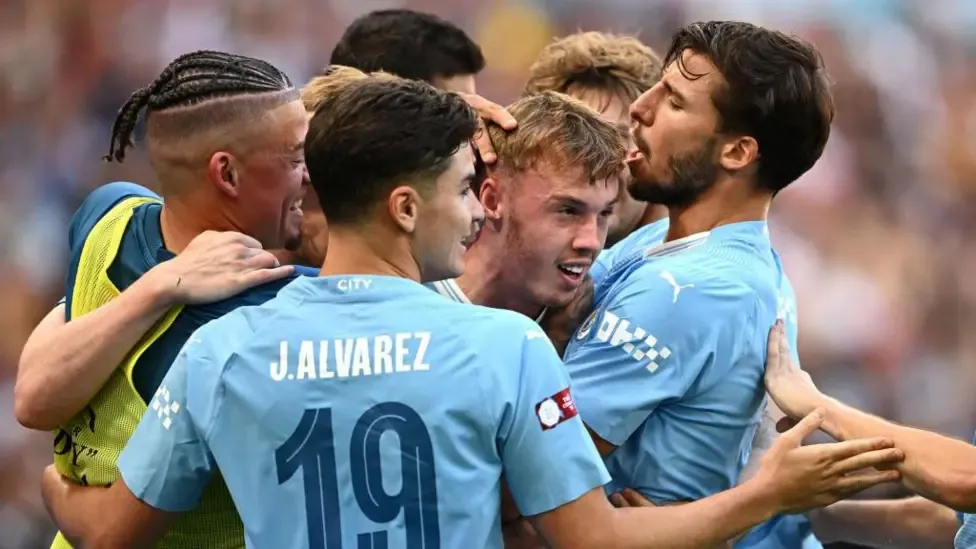 Cole Palmer celebrates scoring for Manchester City in the 2023 Community Shield