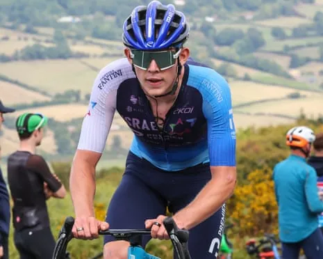 Finlay Tarling in action at the Tour of Britain in 2025.