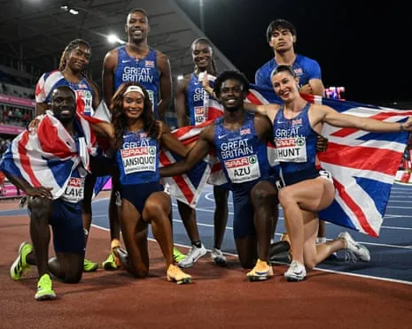The victorious British teams: back row (from left): Success Eduan, Zharnel Hughes, Dina Asher-Smith and Louie Hinchliffe. Front row (from left) Romell Glave, Imani Lansiquot, Jeremiah Azu and Amy Hunt.
